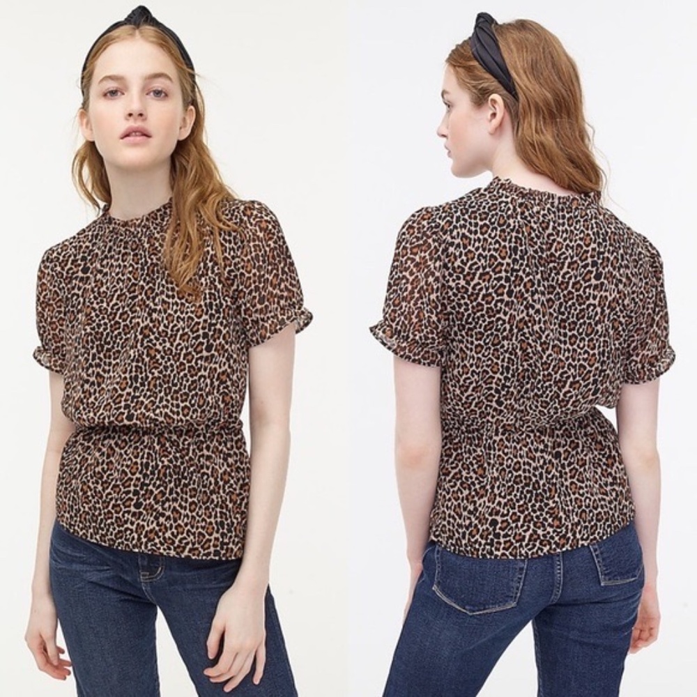 ✨NWT✨ J.CREW Ruffle Neck Leopard Print Chiffon Blouse Sz XS